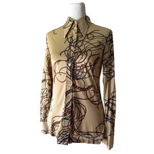 Vintage ‘70s Wayne Rogers Yarn Print Collared Button Front Long Sleeve Blouse